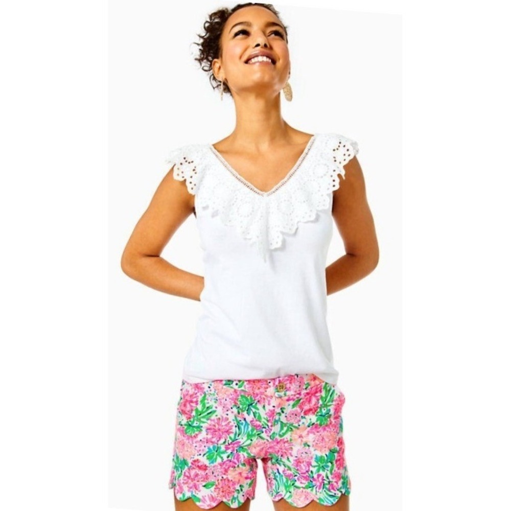 Lilly Pulitzer White Eyelet Lace Ruffle Tank Top Cotton Prep Summer Blouse, S